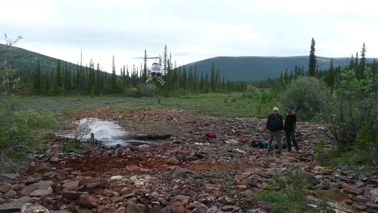 Helicopter landing at the Rusty Springs Critical Metals Exploration Project Zone Yukon Territory