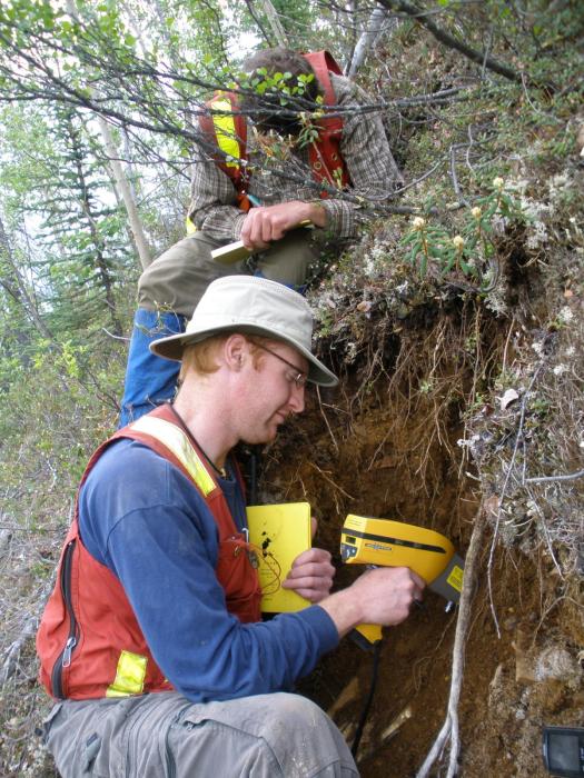 Sampling at an Excavation Pit with an XRF machine at the Dargon Lake Gold Projedc in 2010