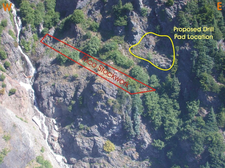 Rico Showing with Proposed Drill Pad Location Outlined