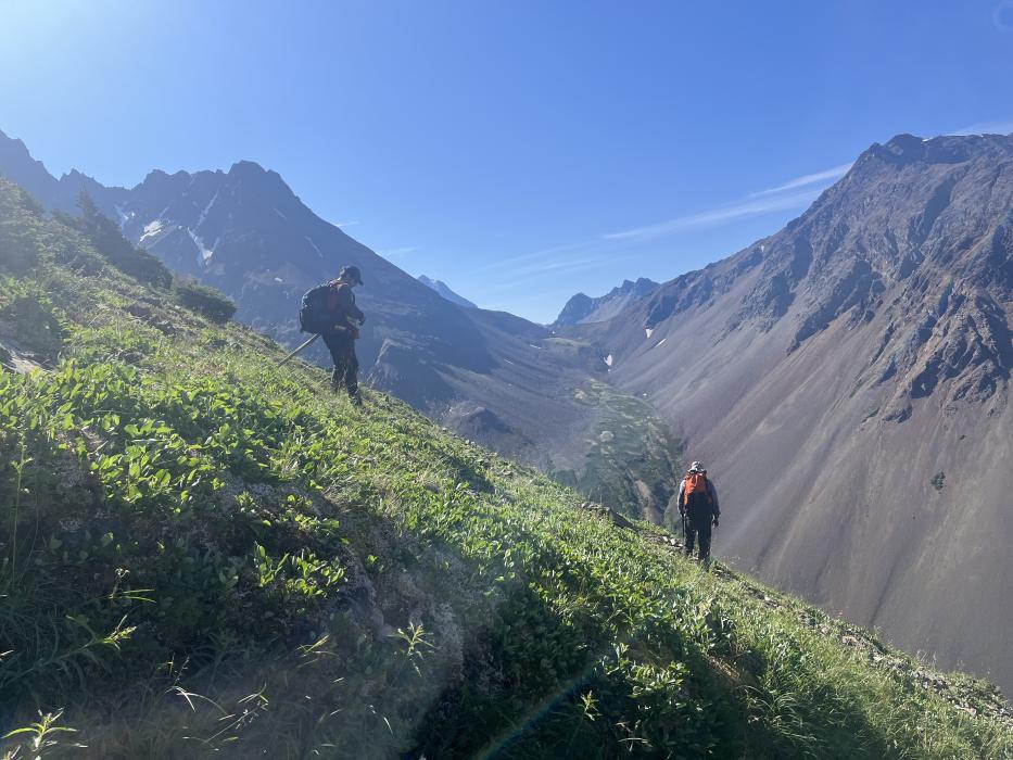 Geologists Along a Prospecting Traverse at the Brunswick Property of Northwestern British Columbia