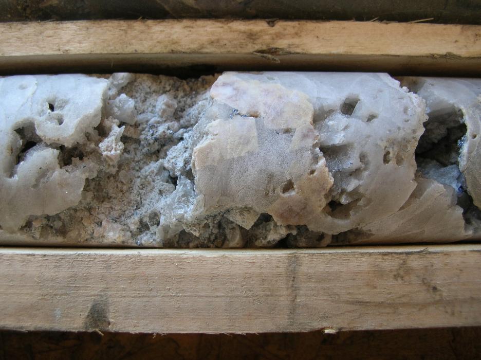 Drill core with the molybdenum mineralization washed out during the drilling process at the Sphinx Molybdenum Project in Southeastern British Columbia 2009