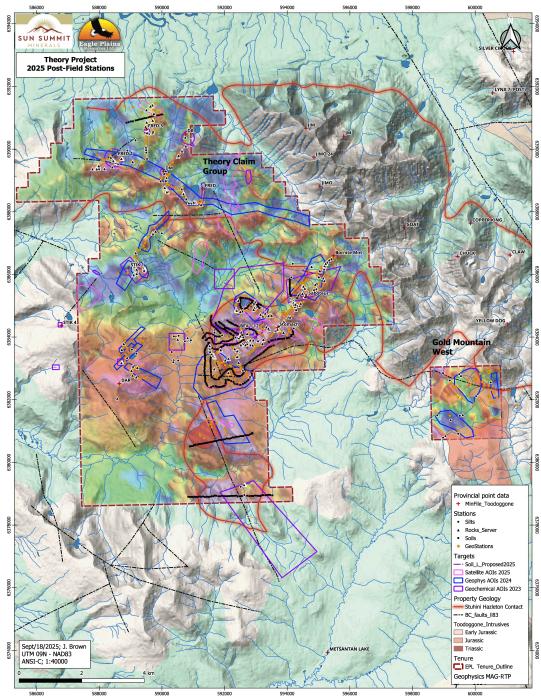 Theory Property 2025 sample locations and Aeromag Geophysics 2025 Exploration sample locations with Aeromag Geophysics on the Theory Project in the Toodoggone District of Northern British Columbia