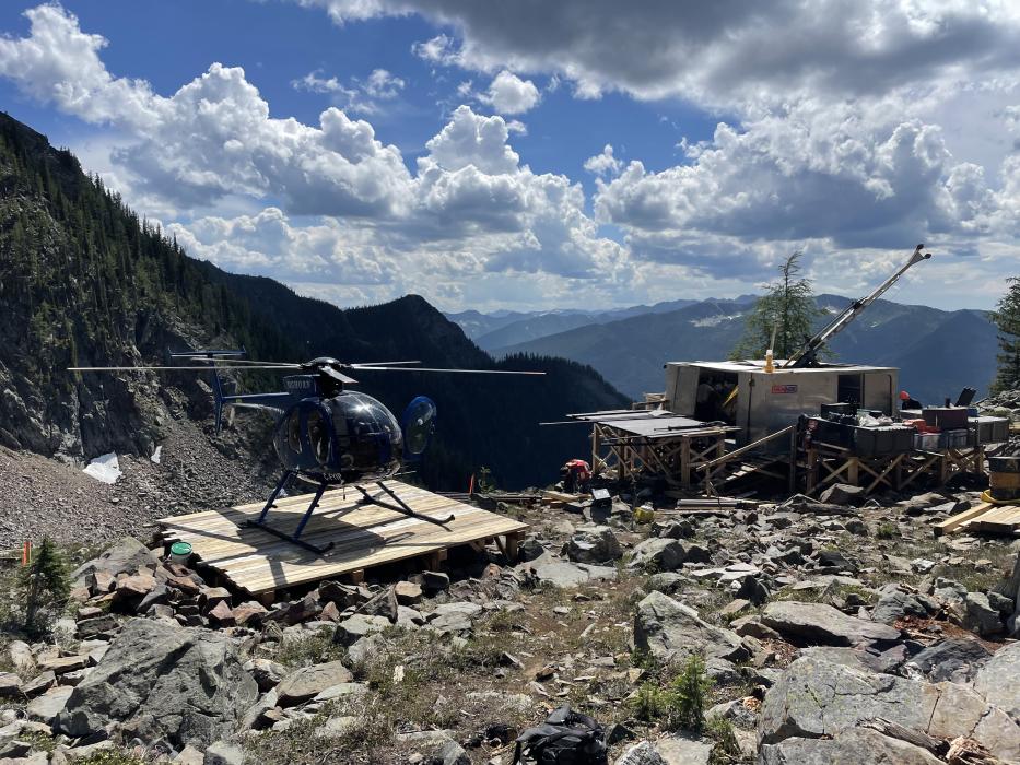 Helicopter at drill pad during 2023 diamond drill program at Vulcan  